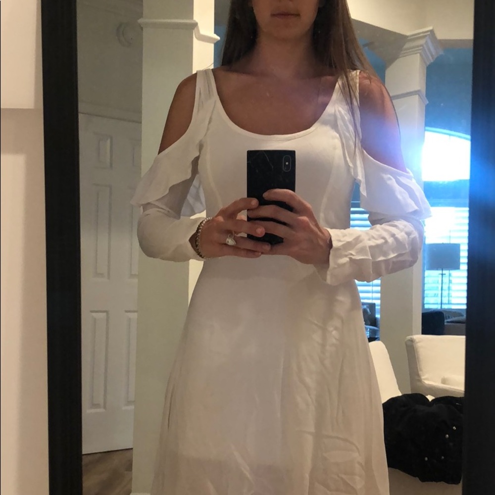 White cold shoulder ruffle dress!
